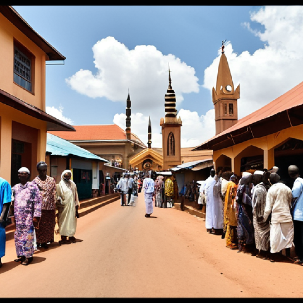 **A vibrant street scene in Kampala, Uganda, showcasing the harmonious coexistence of different religious communities. In the foreground, people of various faiths (Christian, Muslim, and followers of traditional African religions) are interacting respectfully. In the background, landmarks representing different religious institutions (churches, mosques, traditional shrines) are visible. The overall atmosphere should be one of peace, tolerance, and cultural richness.**