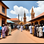 **A vibrant street scene in Kampala, Uganda, showcasing the harmonious coexistence of different religious communities. In the foreground, people of various faiths (Christian, Muslim, and followers of traditional African religions) are interacting respectfully. In the background, landmarks representing different religious institutions (churches, mosques, traditional shrines) are visible. The overall atmosphere should be one of peace, tolerance, and cultural richness.**
