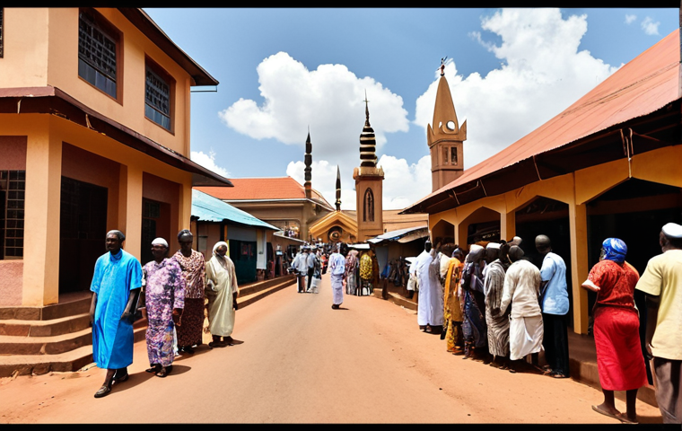 **A vibrant street scene in Kampala, Uganda, showcasing the harmonious coexistence of different religious communities. In the foreground, people of various faiths (Christian, Muslim, and followers of traditional African religions) are interacting respectfully. In the background, landmarks representing different religious institutions (churches, mosques, traditional shrines) are visible. The overall atmosphere should be one of peace, tolerance, and cultural richness.**