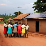 **

A vibrant Ugandan village scene at dusk. Solar panels are mounted on several houses, with warm light emanating from inside, contrasting with the darkening sky. Children are gathered under a solar-powered street lamp, studying and laughing. In the background, a newly constructed electricity pole stands alongside traditional mud huts, symbolizing the blend of old and new.

**