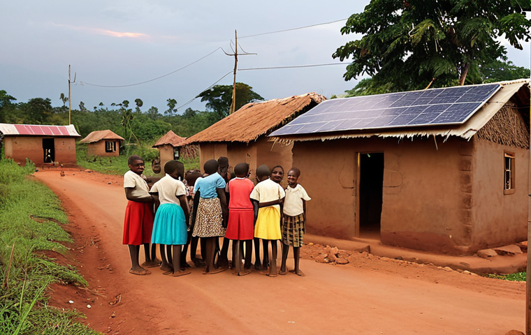**
A vibrant Ugandan village scene at dusk. Solar panels are mounted on several houses, with warm light emanating from inside, contrasting with the darkening sky. Children are gathered under a solar-powered street lamp, studying and laughing. In the background, a newly constructed electricity pole stands alongside traditional mud huts, symbolizing the blend of old and new.
**