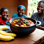 Matongo - Ugandan Delight**

"A rustic, family-friendly dinner scene featuring a bowl of Matongo (banana and meat stew) on a wooden table.  The stew is steaming, with visible chunks of green banana and meat.  Around the bowl are simple, earthenware dishes.  In the background, a modestly dressed Ugandan family smiles warmly.  Appropriate content, fully clothed, safe for work, perfect anatomy, correct proportions, professional food photography, high quality."

**