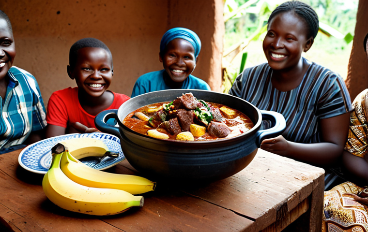 Matongo - Ugandan Delight**
"A rustic, family-friendly dinner scene featuring a bowl of Matongo (banana and meat stew) on a wooden table. The stew is steaming, with visible chunks of green banana and meat. Around the bowl are simple, earthenware dishes. In the background, a modestly dressed Ugandan family smiles warmly. Appropriate content, fully clothed, safe for work, perfect anatomy, correct proportions, professional food photography, high quality."
**